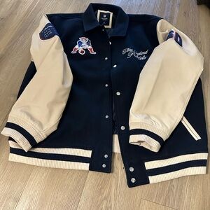Abercrombie & Fitch Blue and Tan Varsity Jacket